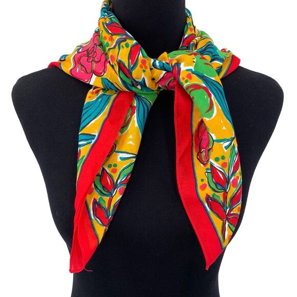 EXPRESS Floral Square Neck Scarf Red Yellow Green - Picture 1 of 4